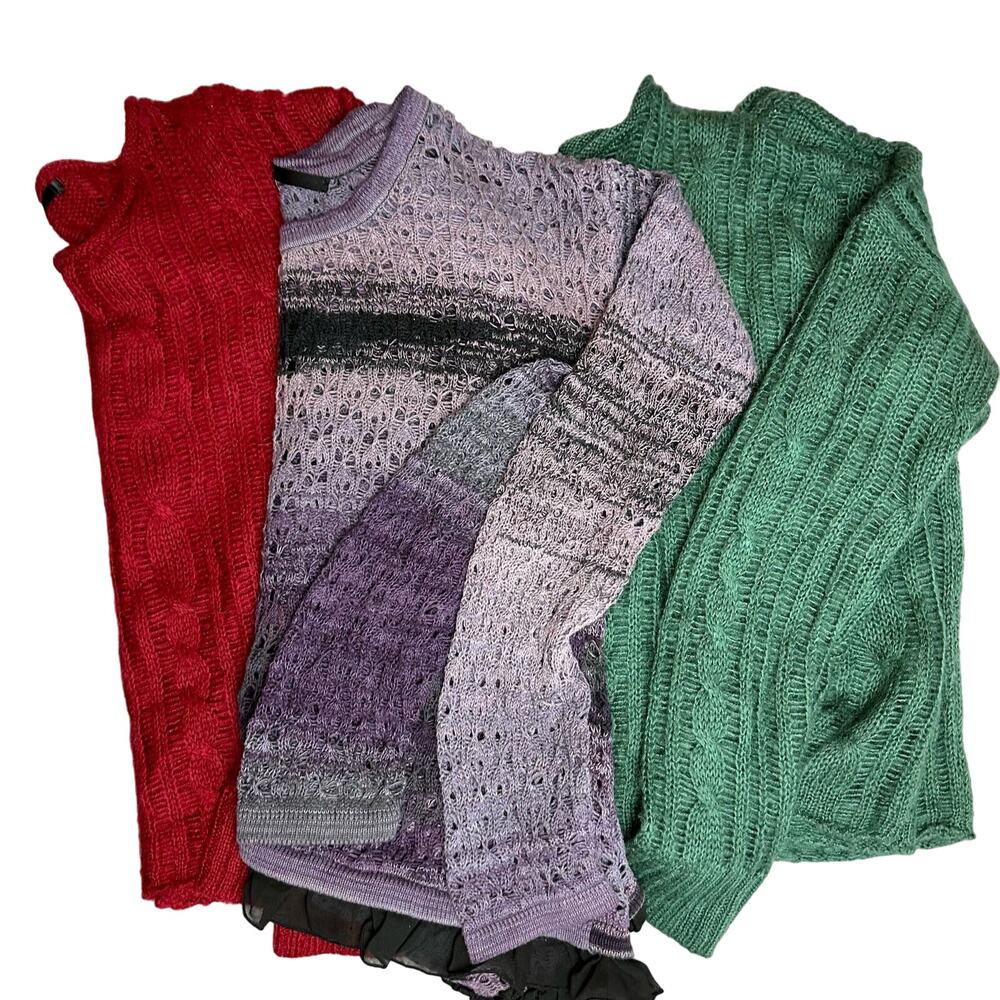 3 Kensie Sweater Bundle Crochet Cable Open Knit Long Sleeve Purple Red Green S M